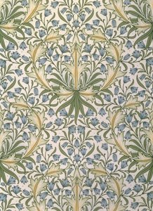 Papel tapiz con pequeñas flores azules dentro de un gran follaje verde diseñado por William Morris (1834-96)